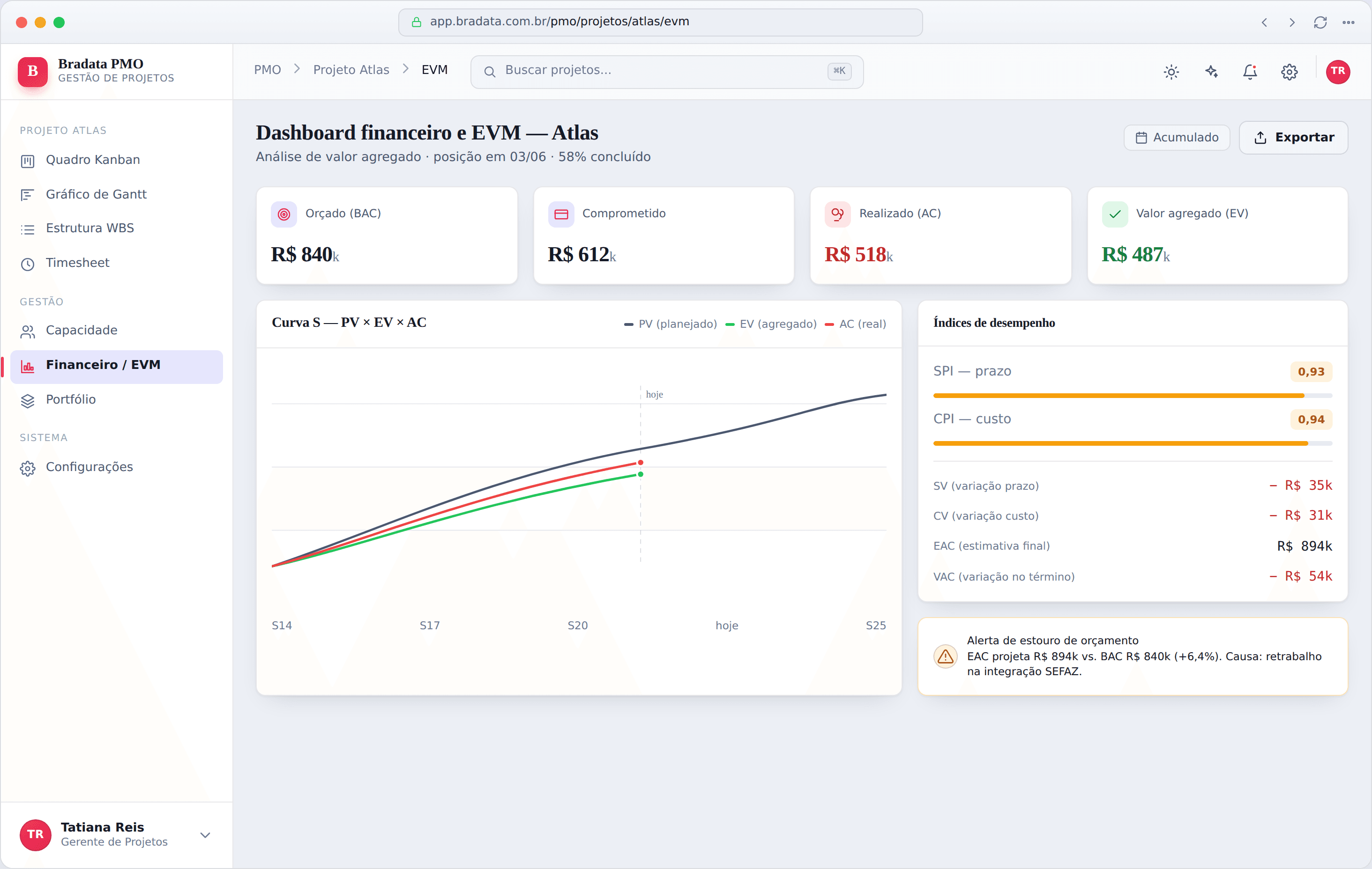 Dashboard financeiro e EVM